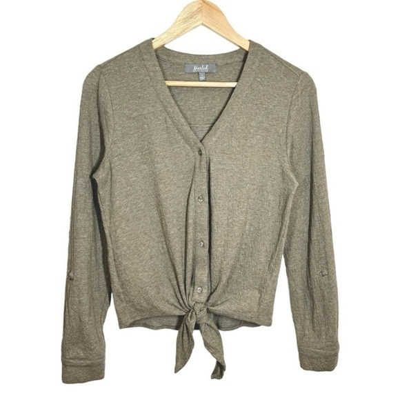 Marled Tops - Marled Button Up Tie Front Shirt Womens S Beige‎ Crinkle Waffle Stretch Roll Tab